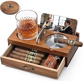 Joyoldelf Cigar Ashtray with Whiskey Glass Holder - Wooden Cigar Ashtray | Phone and Tablet Stand, Cigar Cutter and Drawer, Walnut Wood Cigar Accessories Desk Set, Home Decor Gift for Men