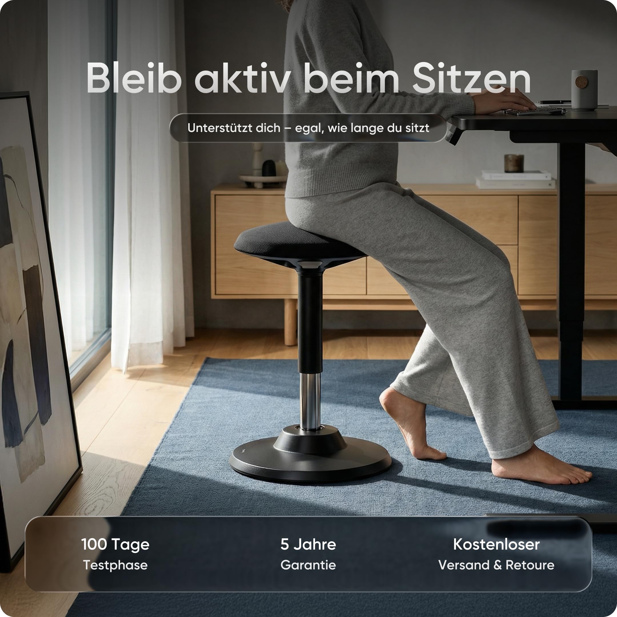 DESKSPACE Motion Sitzhocker - Stehhocker höhenverstellbar, ergonomischer Hocker bis 140kg mit CushCloud-Polsterung, Gasfeder & 3D-Sitzmechanik, Bürohocker ergonomisch, Wackelhocker Stehstuhl (Schwarz) 2