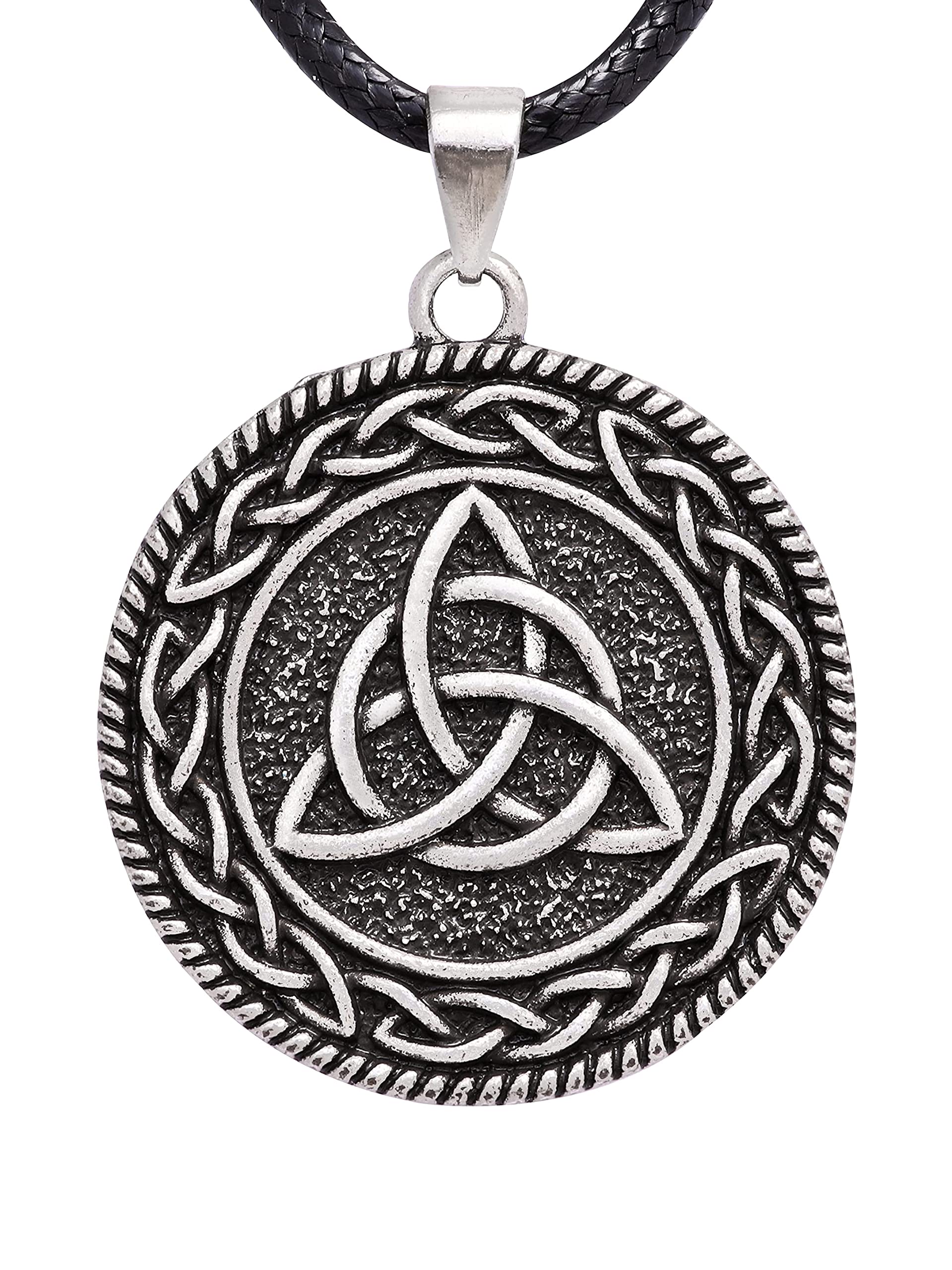 HAQUIL Celtic Triquetra Necklace, Celtic Trinity Knot Medallion Pendant, Faux Leather Cord, Celtic Jewelry Gift