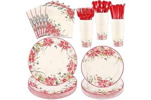 NatNarr 175 Pcs Christmas Paper Plates and Napkins, 25 Guest Poinsettia Christmas Plates Disposable, Poinsettia Themed Holiday Dinnerware for Xmas Party