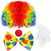 Clown Costume Rainbow Wig Red Nose Bow Tie Gloves for Men Women Adult Party | for Halloween, Carnivals, Decorations