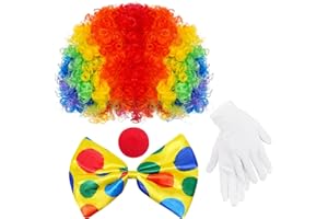 jiebor Clown Costume Set Clown Rainbow Wig Nose Bow Tie White Gloves Accessories for Parties Carnivals Pretend Play Women Men Adults