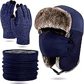 SATINIOR 3 Pieces Trapper Hat Winter Hats Windproof Waterproof Fleece Neck Warmer Scarf Warm Winter Knit Touchscreen Gloves (Navy)