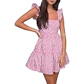 AIMCOO Women's Ruffle Sleeve Summer Sundress Cute Tiered Mini Babydoll Dress A-Line Flowy Short Swing Dresses with Pockets