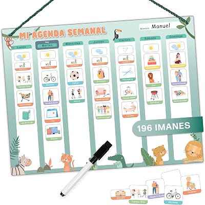 ® Planeador semanal para crianças - Quadro magnético Montessori com um design bonito que inclui 196 ímanes e uma caneta - Jogos educativos a partir dos 3 anos - Calendário infantil