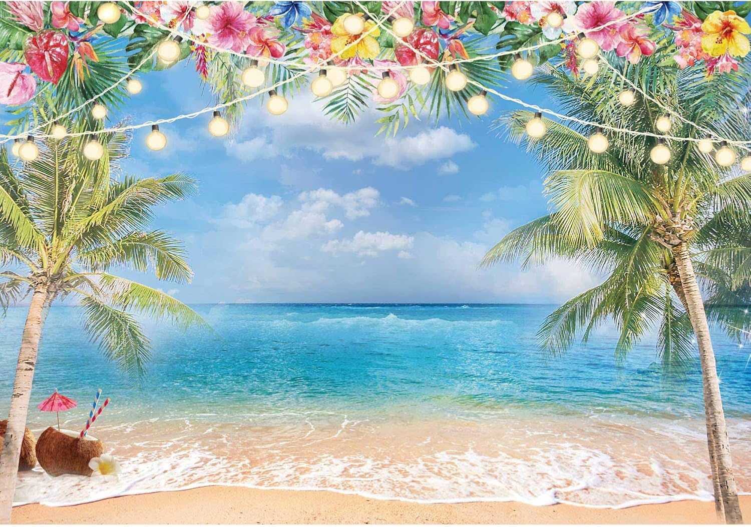Photo 1 of Haboke 12x8ft Summer Hawaiian Beach Ocean Photography Backdrop Sky Seaside Tropical Palm Trees Luau Hawaiian Party Decorations Photoshoot Background Photo Banner Supplies