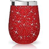 Glitter Bling Diamond Rhinestone Wine Tumbler, Stainless Steel Insulated Cup with Lid, Birthday, Holiday, Bridal Party, Bachelorette, Girls Night, Wine Tasting, Gift (Red).