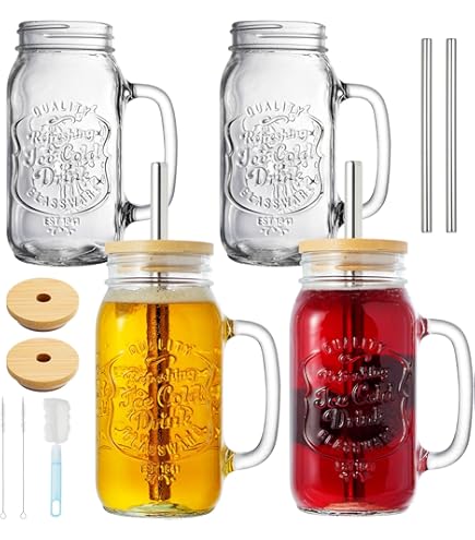 Amazon.com: Darware Mason Jar Mugs with Handles (24oz, Clear, 4-Pack); Glass  Drinking Glasses for Cold Beverages, Decoration, Storage, Party Favors,  Cocktails, Floats : Home & Kitchen