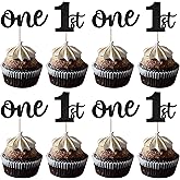 Rsstarxi 24 Pack 1st Birthday Cupcake Toppers Glitter First Birthday One Cupcake Picks for Baby Shower 1st Birthday Party Cake Decorations Supplies Black
