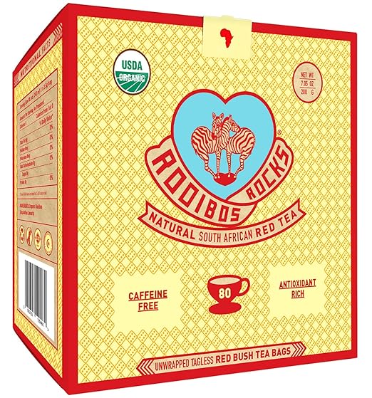 Rooibos Tea Organic Tagless Teabags - 80 South African Red Bush Herbal Tea, By Rooibos Rocks (80 Teabags)
