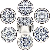 Bribay Coaster for Drinks Set of 6, Blue Vintage Spanish Ceramic Floral Absorbent Round Ceramic Stone Mat, with Cork Base and Metal Holder, Gift for Housewarming Room Bar Decor