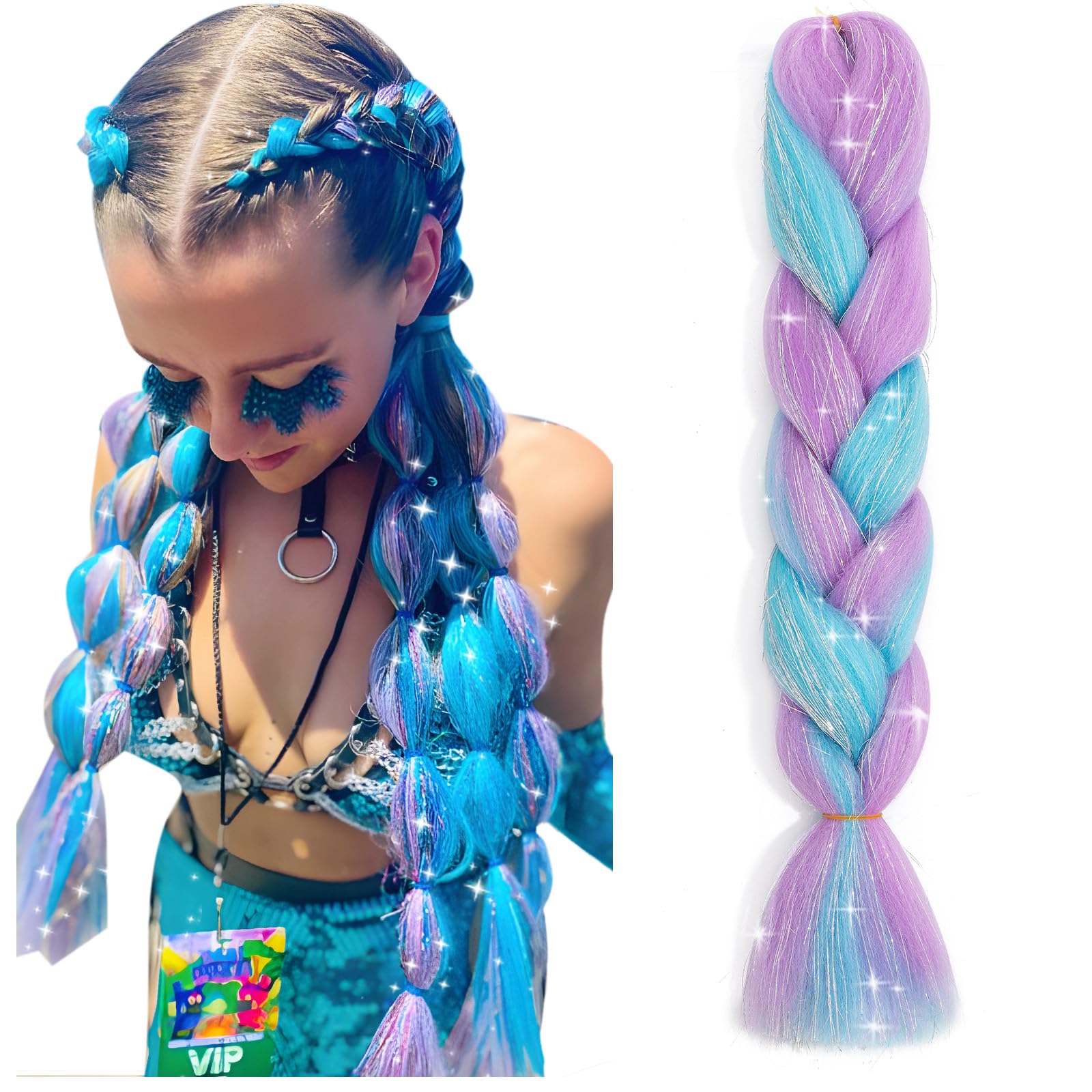 Ombre Jumbo Braiding Hair Colorful Tinsel Hair Extension 24 Inch 1PC Heat Resistant Fiber Synthetic Braids Rainbow Hair for Women,Glitter Fake Hair for Festival Rave,Blue mix Dark Pink Glitter