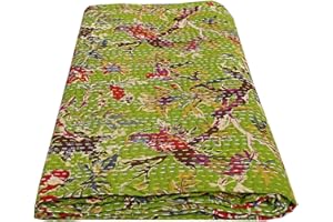 SOPHIA-ART Sophia Art Indian Bohemain Bedding Kantha Vintage Ethnic Cotton Bird Kantha Quilt Coverlet Bedspread Patchwork Stitch Blanket Queen Size Kantha Quilt (Green)