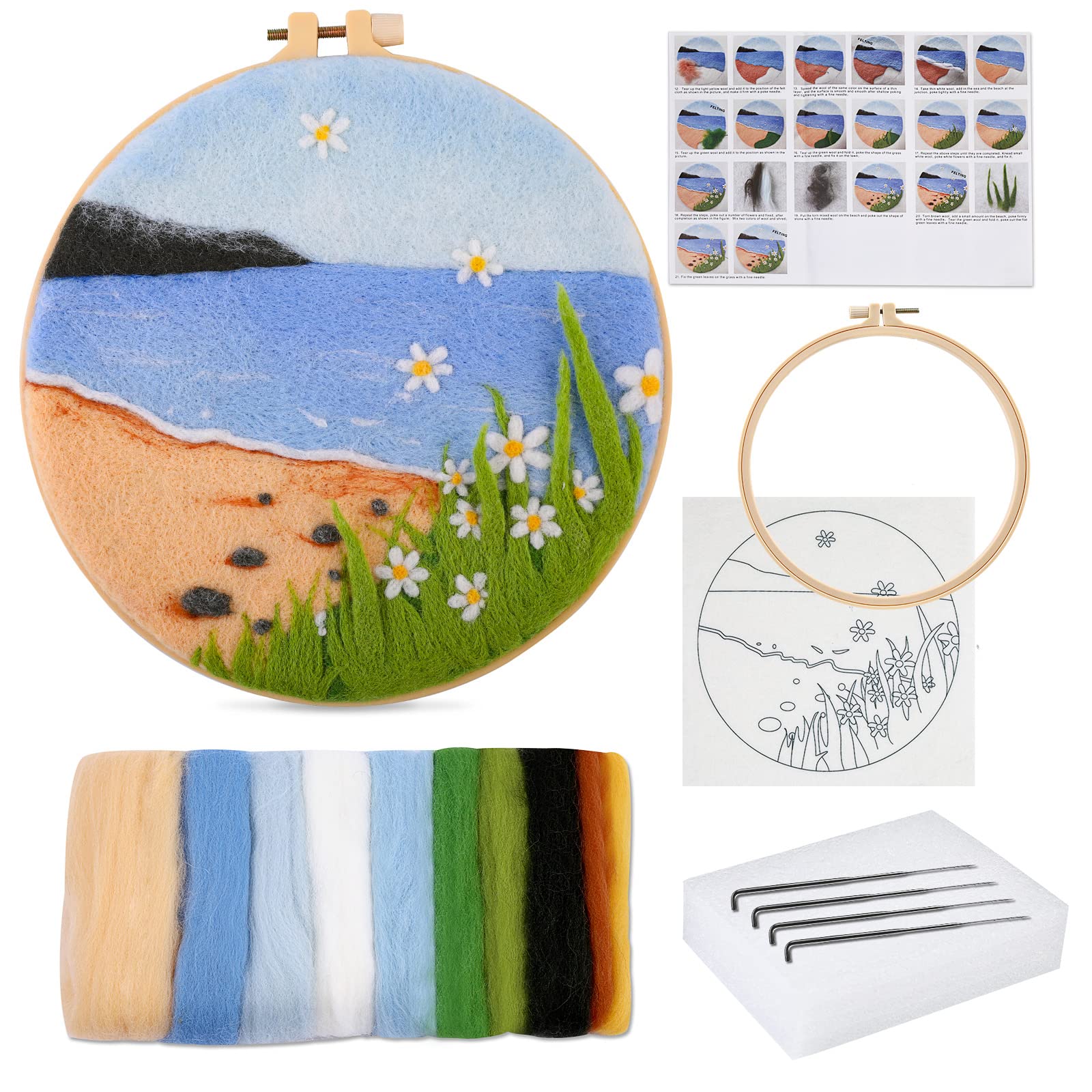 Doxiru Needle Felting Kit for Beginners Including Wool Roving, Picture Frame,Beautiful Wool Painting and Needle Felting Tool, Great for Make Gifts Home Decoration