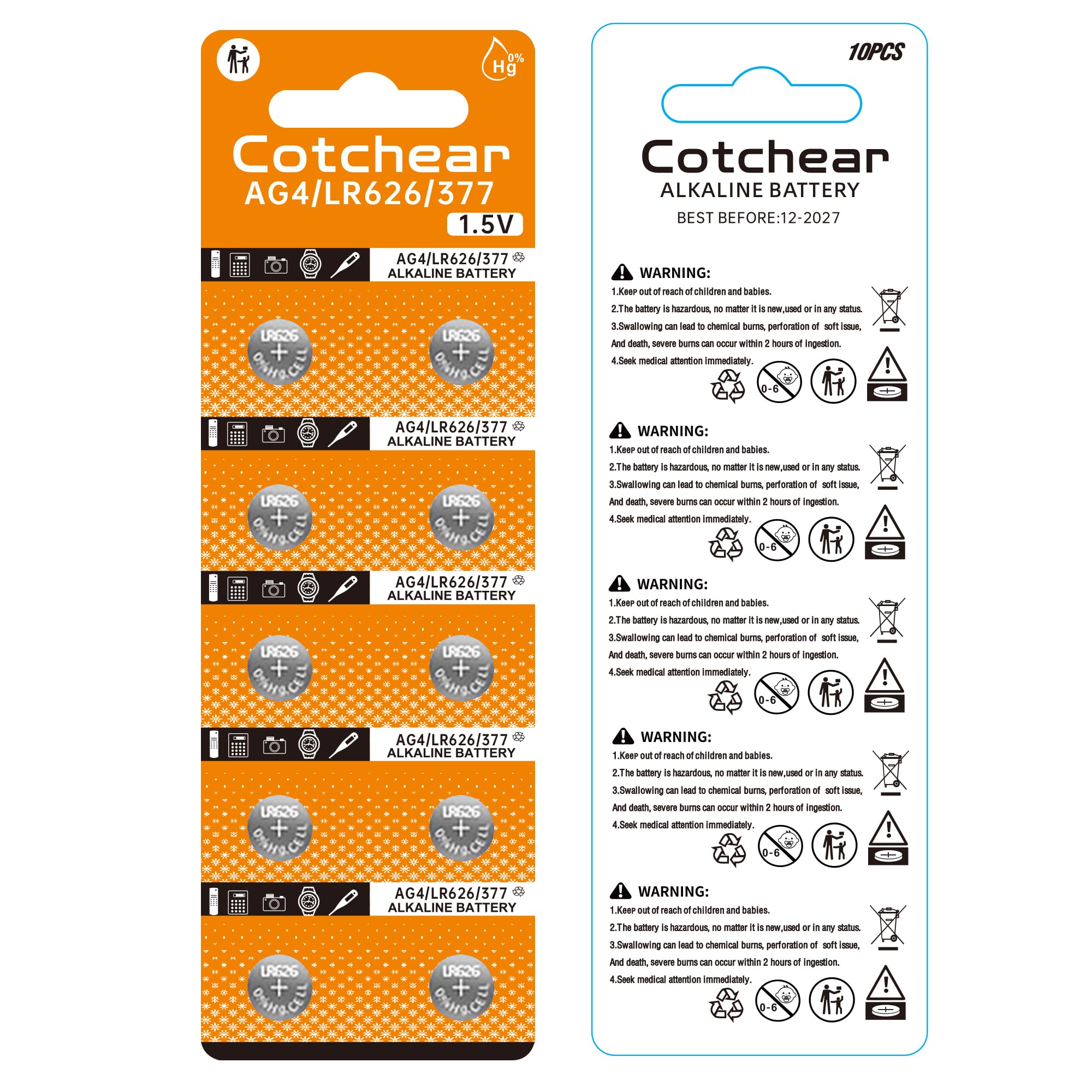 Cotchear 10pack LR626 377 AG4 Button Battery L626 SR626 SR626SW 377A Batteries for Watch Calculators Toys