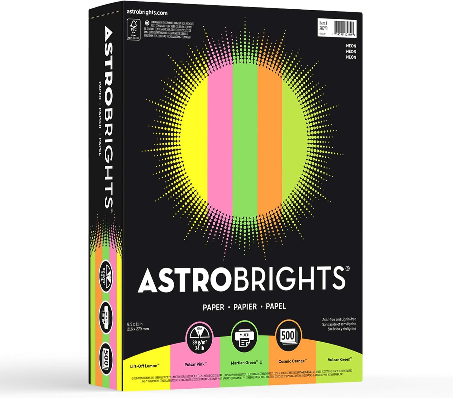 Neenah Astrobrights Colored Paper, 8.5" x 11", 24 lb/89 gsm, "Neon" 5-Color Assortment, 500 Sheets (20270) : Printer And Copier Paper : Office Products
