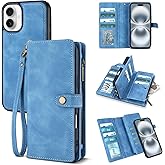 TwoHead Wallet Case Compatible with iPhone 16,Detachable Magnetic Phone Case,PU Leather All-Round Protective Cover Wallet with Card Holder/Change Pocket,6.1 in,Sky Blue