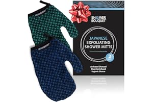 SHOWER BOUQUET Japanese Exfoliating Mitt 2-Pack - Charcoal & Silver Ion Exfoliating Gloves for Shower - Soft Inner Fabric Gentle Exfoliation & Deep Cleansing Body Scrub Gloves for All Skin Types - 1 Blue, 1 Green