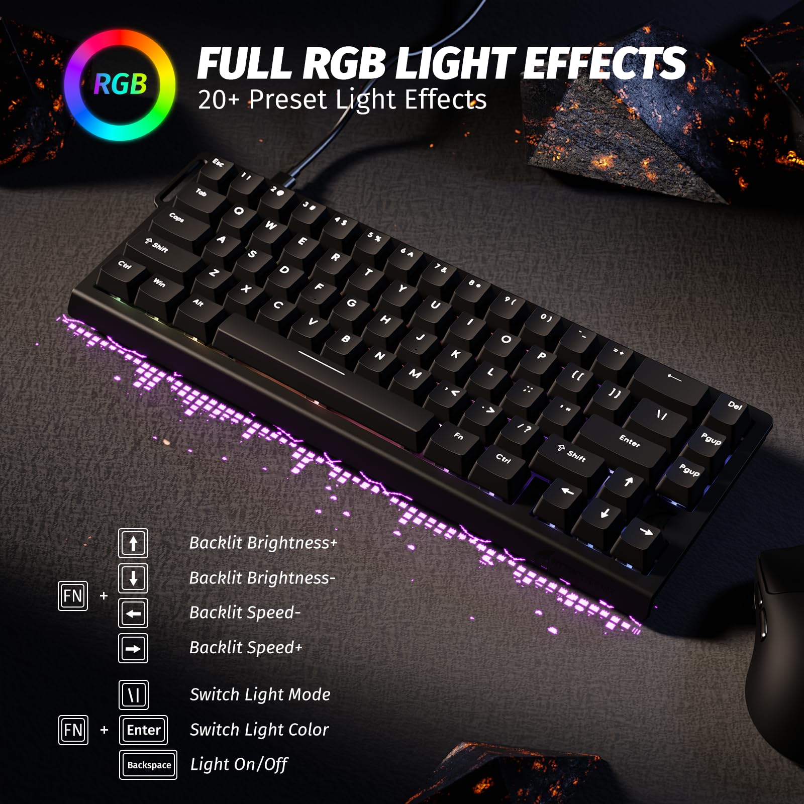 Attack Shark X68 He 8000Hz Rapid Trigger Keyboard, 0.01Mm Rt Accuracy Wired Gaming Keyboard With Magnetic Switch, Adjustable Actuation, Rapid Trigger, Snap Tap, Rgb Lighting For Pc/Mac, Black - View 7