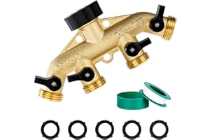 Dalmbox Garden Hose Splitter 4 Way, Water Hose Splitter, 3/4" Heavy-Duty Brass Garden Hose Splitter, Includes 5 Rubber Washers & Teflon Tape(1 pack)