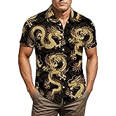 Mens Dragon Shirt Button Down Beach Casual Bowling Shirts