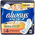 Always Ultra Thin Overnight Pads with Wings, Size 4, Overnight, 78 Count (3 Packs of 26)