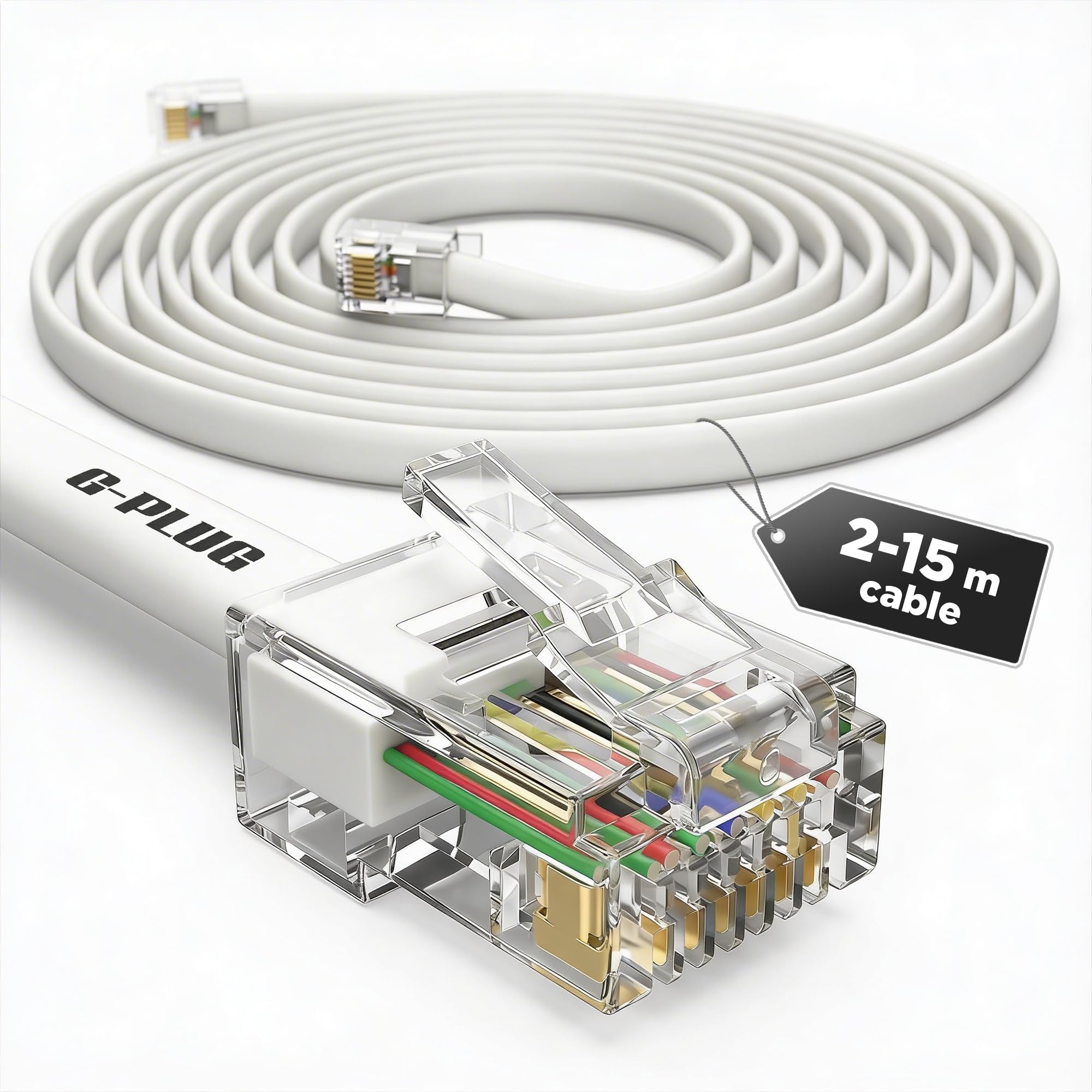 G-PLUG Telephone Extension Cable 2m – RJ11 to RJ11 Phone Lead for Landline & ADSL Broadband Router, 4-Pin Straight-Through (White)