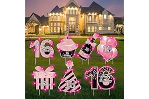 ComboJoy Sweet 16 Birthday Decorations - 7 Pcs Black & Pink Sweet 16 Yard Signs with Stakes, 2 Pcs LED Lights, Sparkling at Night, Weatherproof, Perfect Outdoor Lawn Decorations