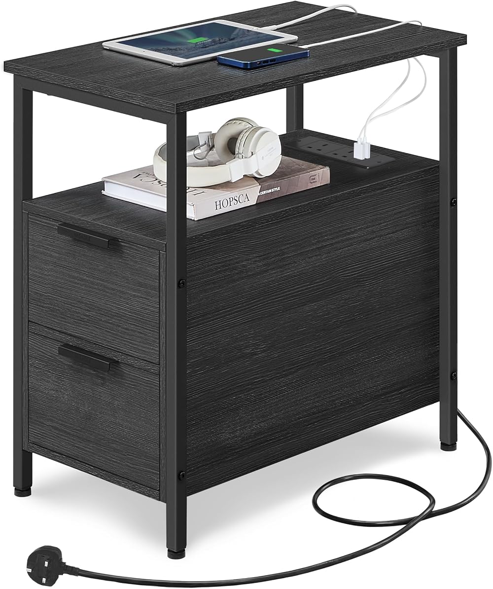 VASAGLE Slim Side Table with Charging Station Charcoal Grey Black LET326B22