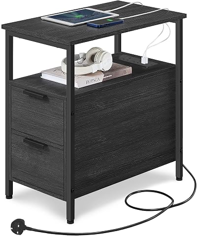 VASAGLE Slim Side Table with Charging Station Charcoal Grey Black LET326B22