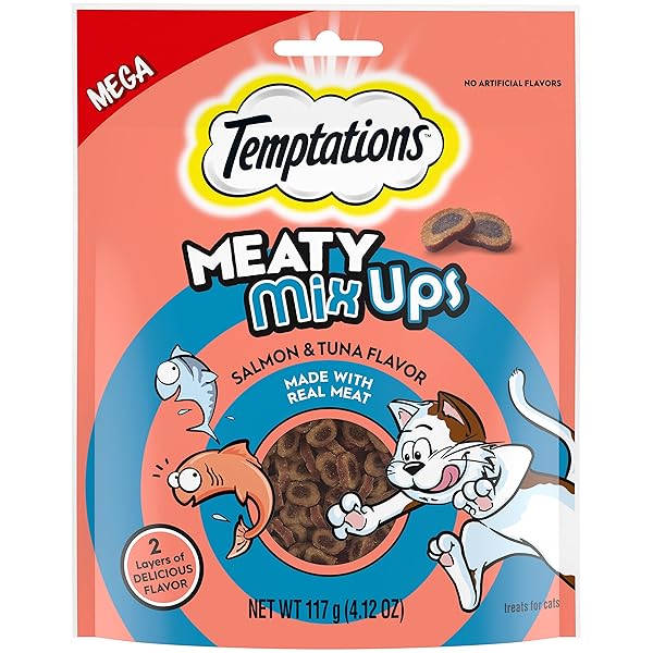 TEMPTATIONS MEATY MIXUPS CAT TREATS SALMON & TUNA FLAVOR, 4.12 OZ. POUCH