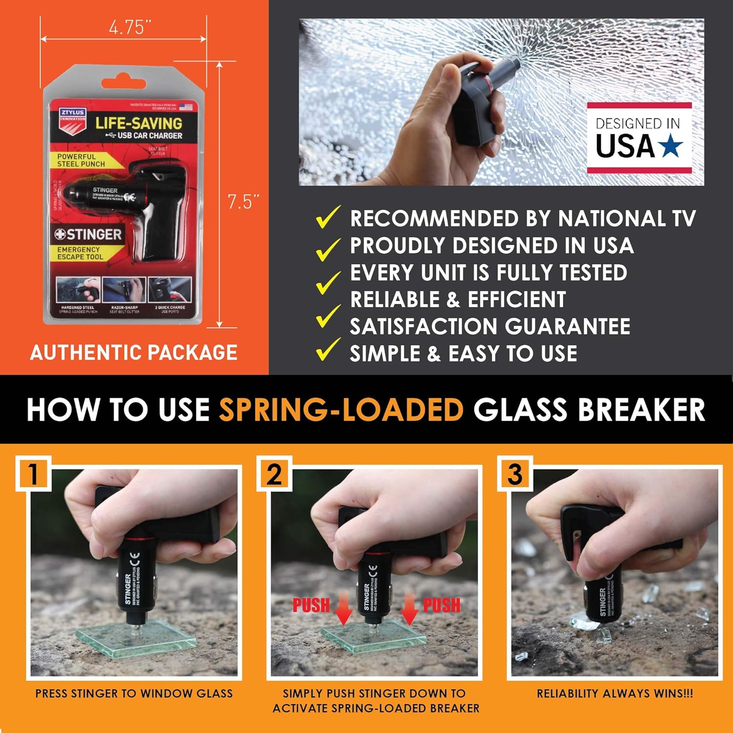 Ztylus Stinger Car Safety Emergency Escape Tool: Life Saving Rescue USB Phone Charger Adapter, Spring Loaded Window Breaker Glass Hammer, Seatbelt Cutter, Dual USB Ports Max 2.4A (2 pcs Black Combo): Automotive