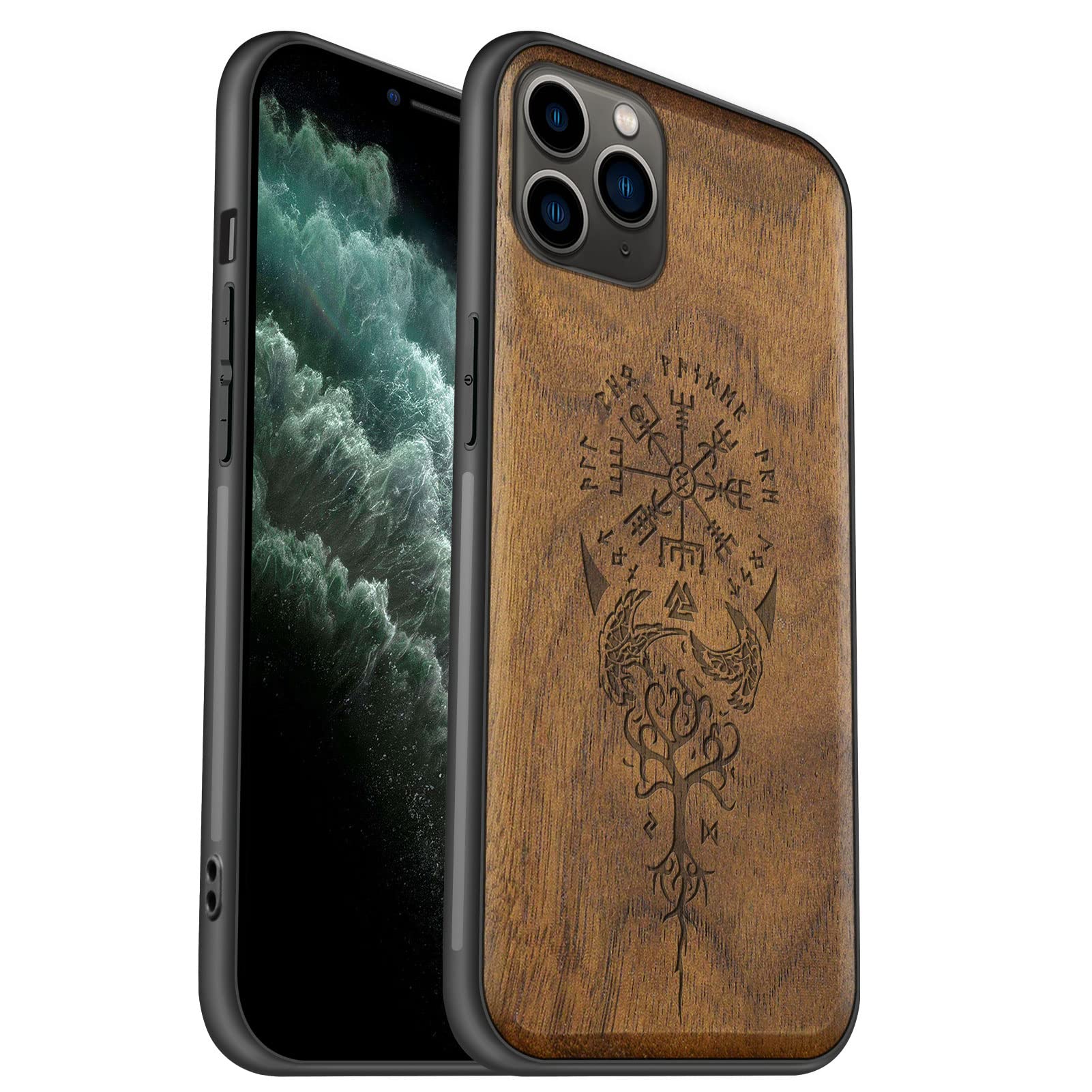 Carveit Natural Wood Case for iPhone 11 Pro Max [Wood & Soft TPU] Shockproof Hybrid Protective Cover Unique & Classy Wooden Case Compatible with 11 Pro Max Luxury (Viking Compass Vegvisir-Walnut)