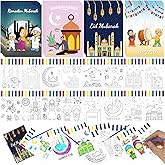 Ramadan Watercolor Coloring Books Bulk with Greeting Card Mosque Moon Scene, Ramadan Activities for kids Eid Mubarak Craft Kits Islamic Gifts for Classroom Home Party Favors Supplies (128PCS)