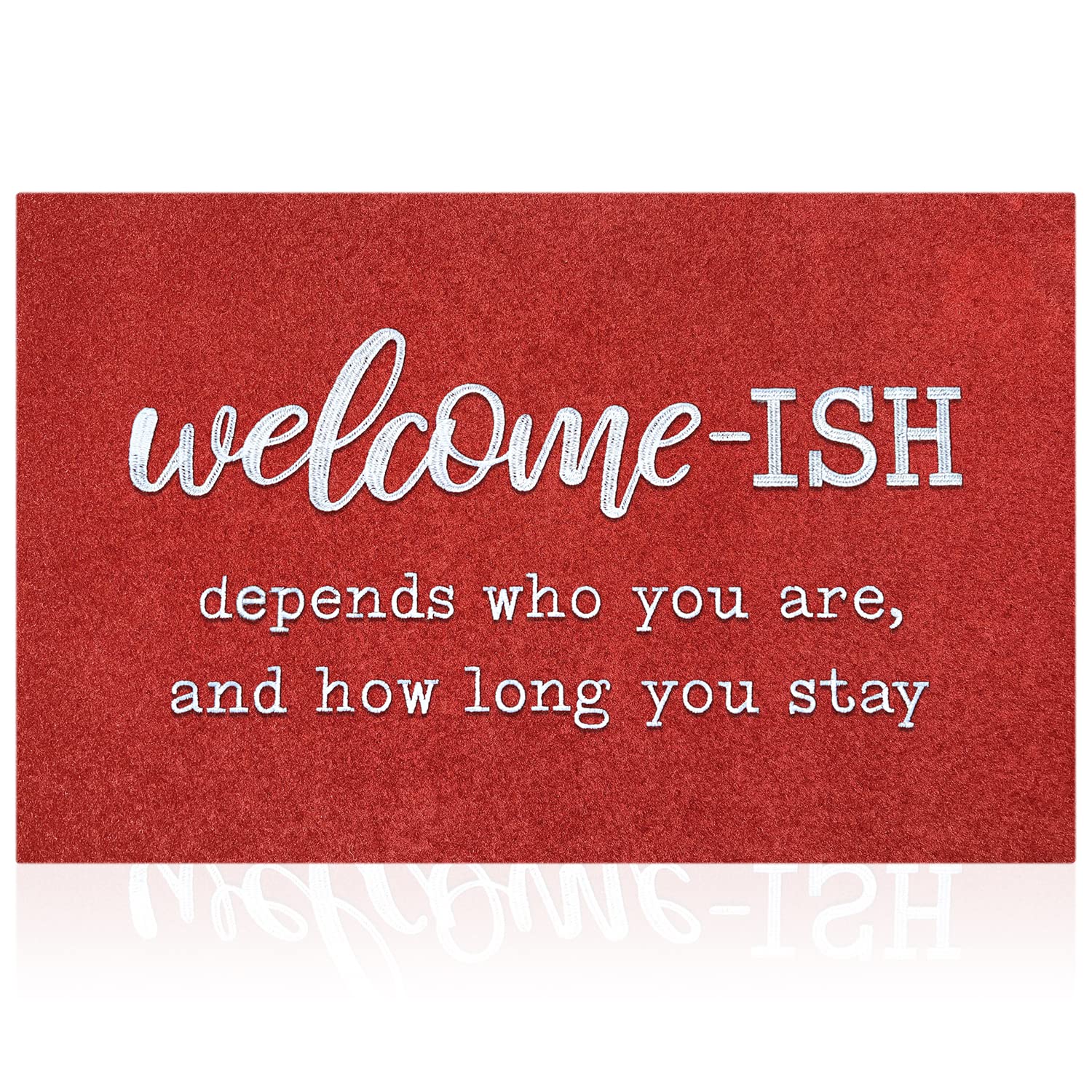 JJUUYOU Welcome Mats for Front Door Outdoor Entry Funny Welcome Ish Depends Who You are Doormat Non Slip Rubber Mat for Home Indoor Farmhouse Funny Kitchen Rugs Patio Red — image 1