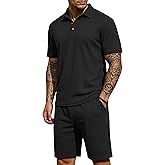 PrinStory Men's Summer Outfits Waffle Knit Polo Shirt and Shorts Set 2 Pieces Casual Tracksuit with Pockets