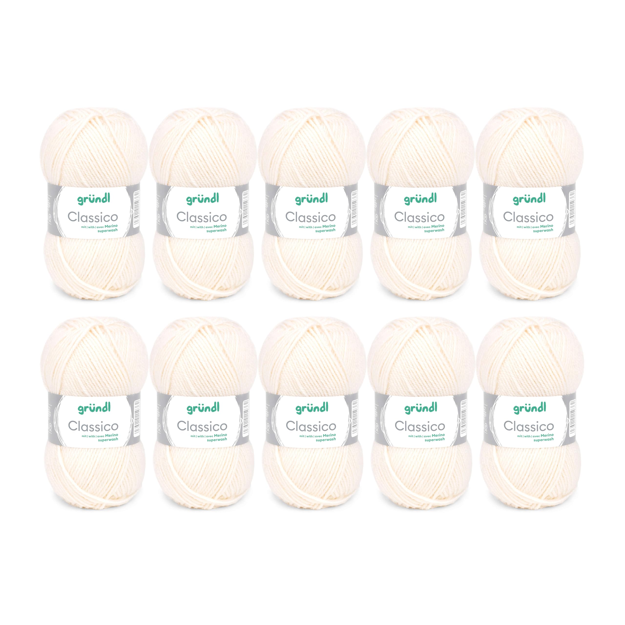 Gründl Classico Wolle (OEKO-TEX® certified knitting/crochet yarn made of 50% pure new wool (Merino superwash) & 50% polyacrylic, 50 g/120 m, needle size: 3.5-4.5, 10 balls á 50 g), Cream