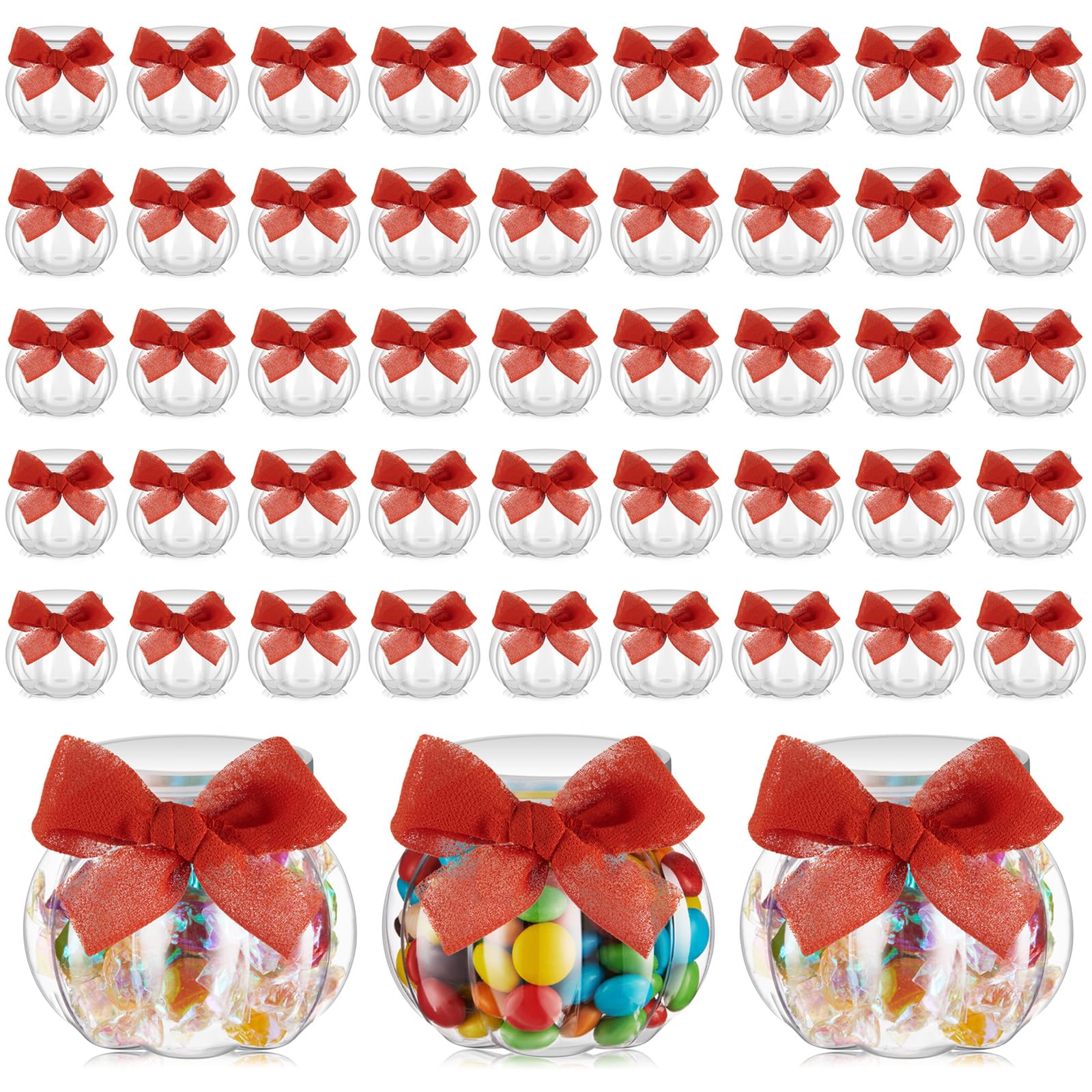 Photo 1 of Mimorou 48 Pcs Pumpkin Jar Bulk Plastic Fall Pumpkin Candy Jars with Bow Ribbon 8 oz/ 250 ml Clear Small Autumn Candy Bowl with Lids Thanksgiving Snack Storage for Fall Halloween Home Wedding Party