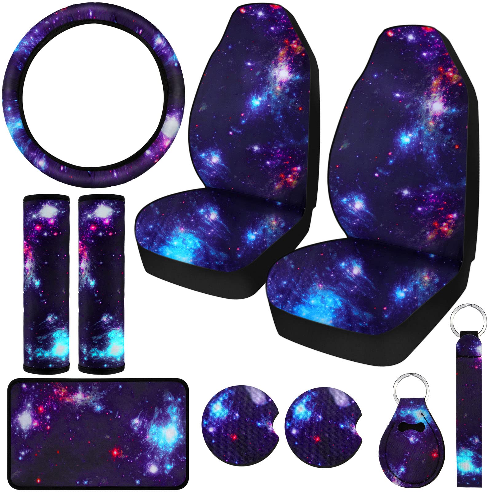 Photo 1 of 10 Pcs Galaxy Car Seat Covers Set Steering Wheel Front Seat Cover Cup Holder Keyring Belt Pads Wrist Strap Print Car Decor Accessories for Vehicle