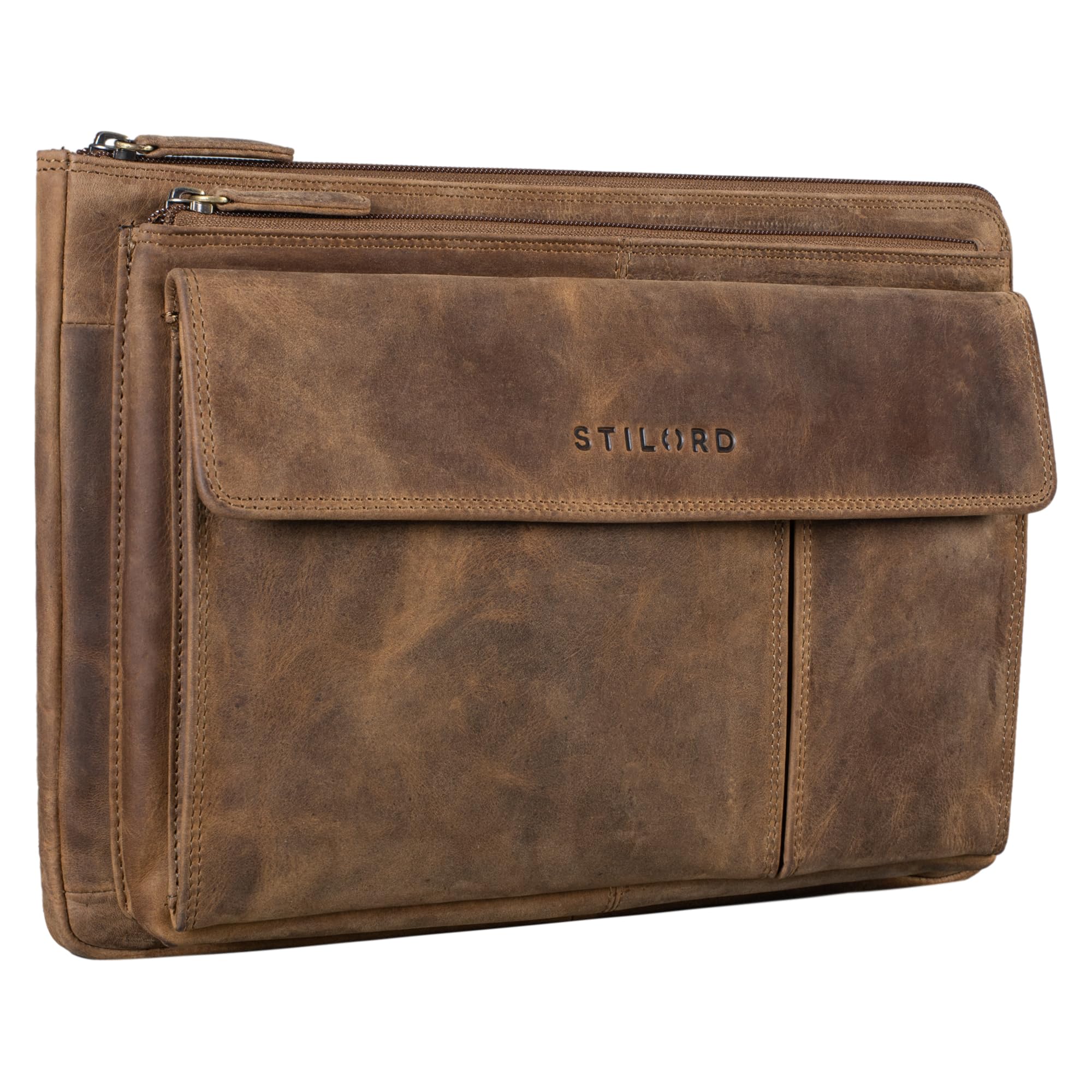 STILORD "Dalton" Leather Conference Folder Zipped Vintage Business Document Holder A4 Laptop Case for 13,3 Inch MacBooks Portfolio Genuine Leather Colour:Middle Brown