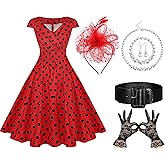 Yearntown 6 Pcs Vintage Swing Dress for Women 1950s, Polka Dot Dresses Tea Party Outfit Costume for Retro Derby Cocktail