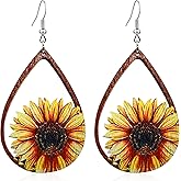 KaFu Sunflower Earrings for Women Girls Bohemian Wood Earrings Bee Earring Art Earrings Teardrop Wood Dangle Drop Earrings Jewelry Gift