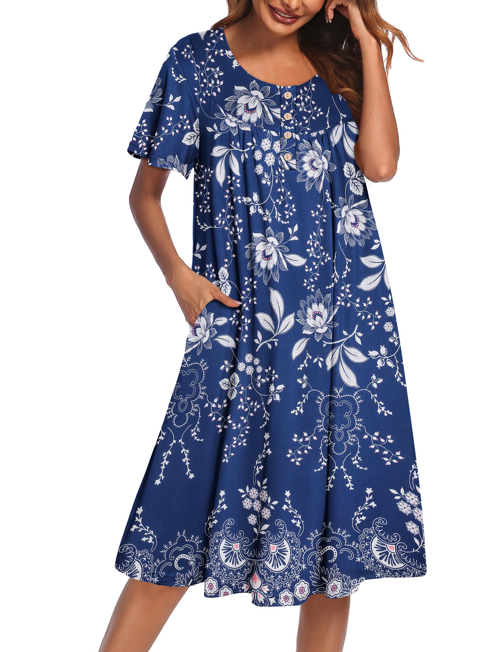 Photo 1 of Ekouaer Nightgowns for Women Short Sleeve House Dress with Pockets Floral Print Mumu Dress,Floral Blue,XXL