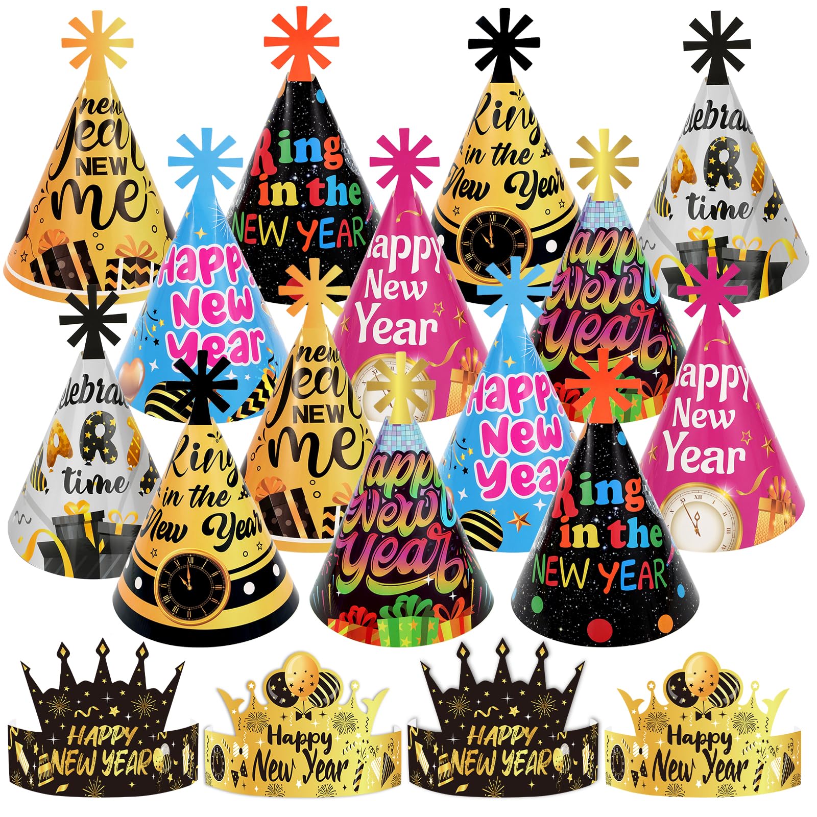 DPKOW 18pcs 2026 New Year Party Hats Multicolored Cone Hat Crown Hat New Year's Eve Party Favour, Happy New Year Headwear Photo Props Accessories 2026 New Year’s Eve