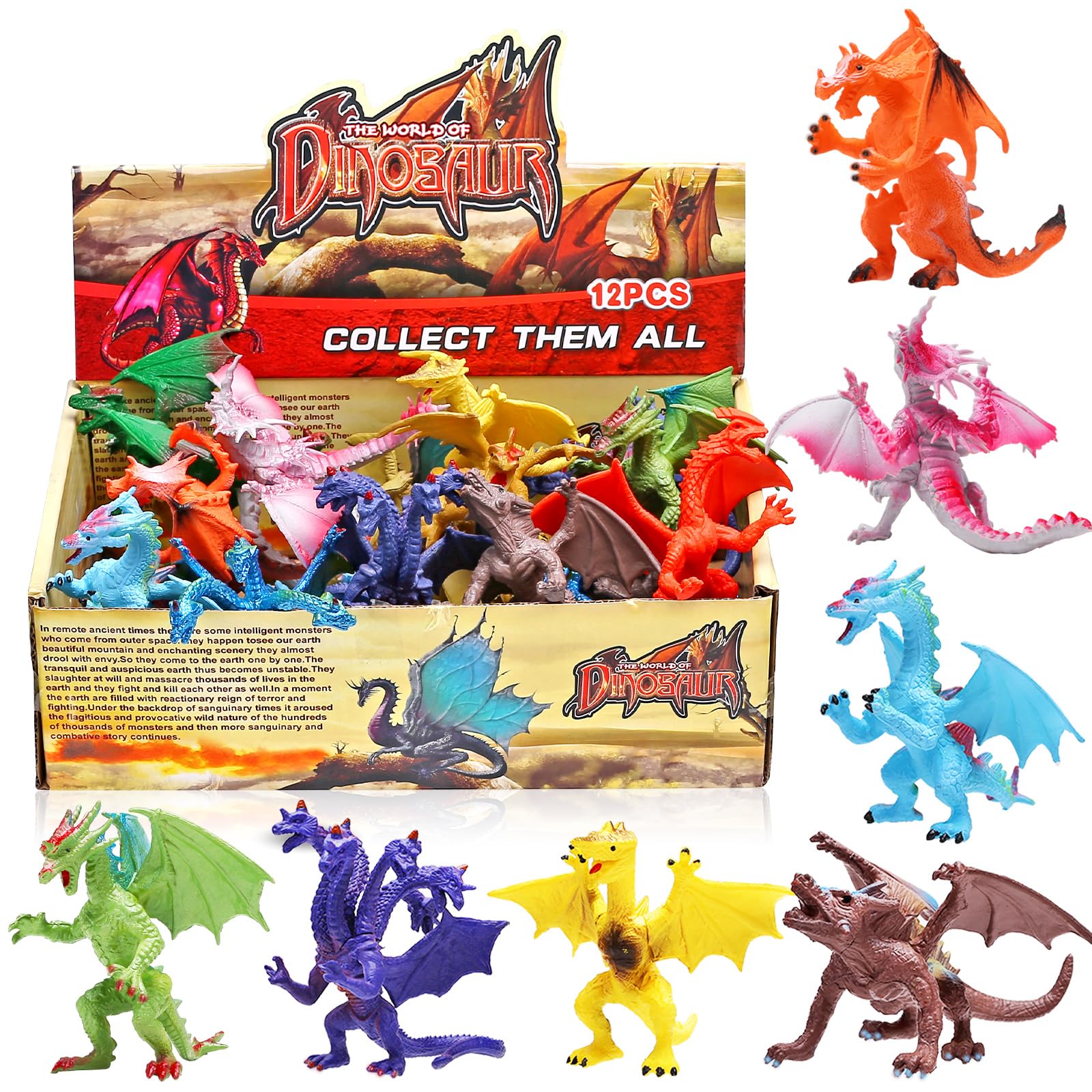 YeoNational&Toys 12 Piece Dragon Toys,4 Inch Mini Dragons Sets With Gift Box,Assorted Realistic Looking Figure, Non-toxic Safety Materials ABS Vinyl Plastic Dragon,Party Favors Toy For Boys Kids