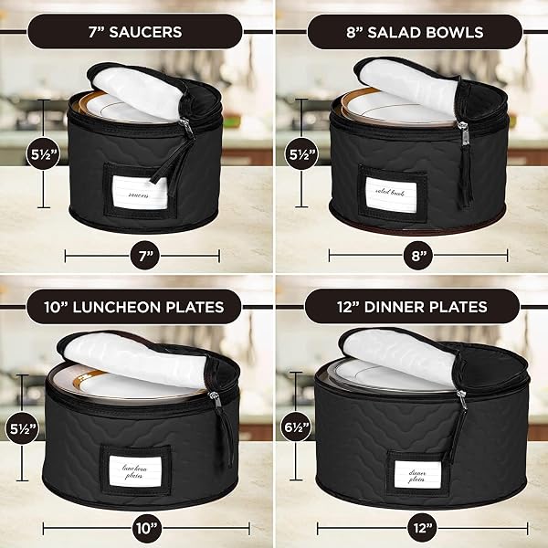 CHINA STORAGE CONTAINERS 5-PIECE SET MOVING BOXES FOR DINNERWARE, GLASSES, PLATES, MUGS AND SAUCERS STURDY QUILTED MICROFIBER DISH ORGANIZER WITH DIVIDERS FOR SEASONAL STORAGE – HOLDS SET OF 12, BLACK