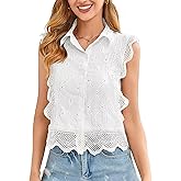 Falechay Tank Top for Women Button Down Summer Casual Tops Collared Sleeveless Shirts Babydoll Eyelet Ruffle Blouse