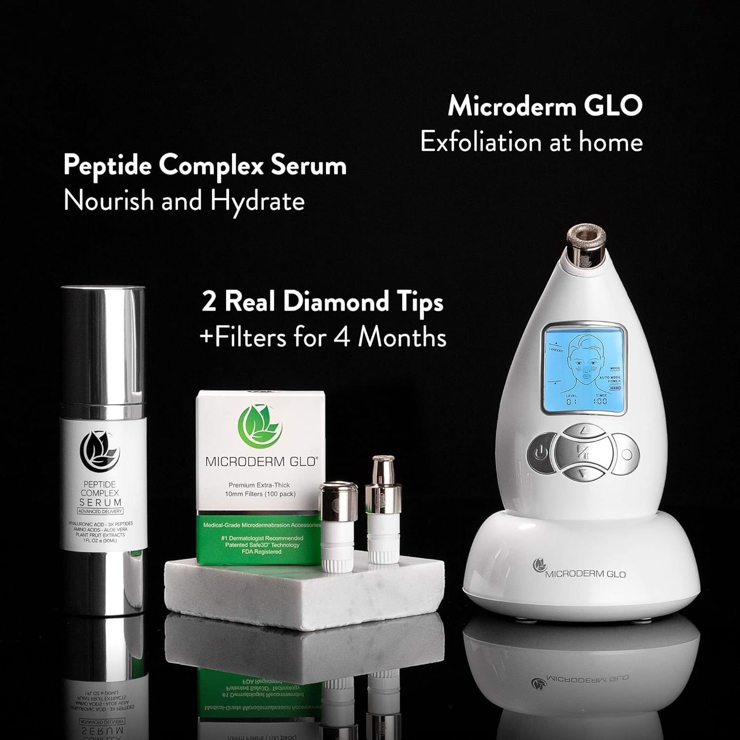 Microderm GLO Premium Skincare Bundle Includes Diamond Microdermabrasion System, 10mm Filters 100 pack, Peptide Complex Serum. Best Anti Aging Treatment Blackhead Remover and Pore Vacuum Kit (White): Beauty