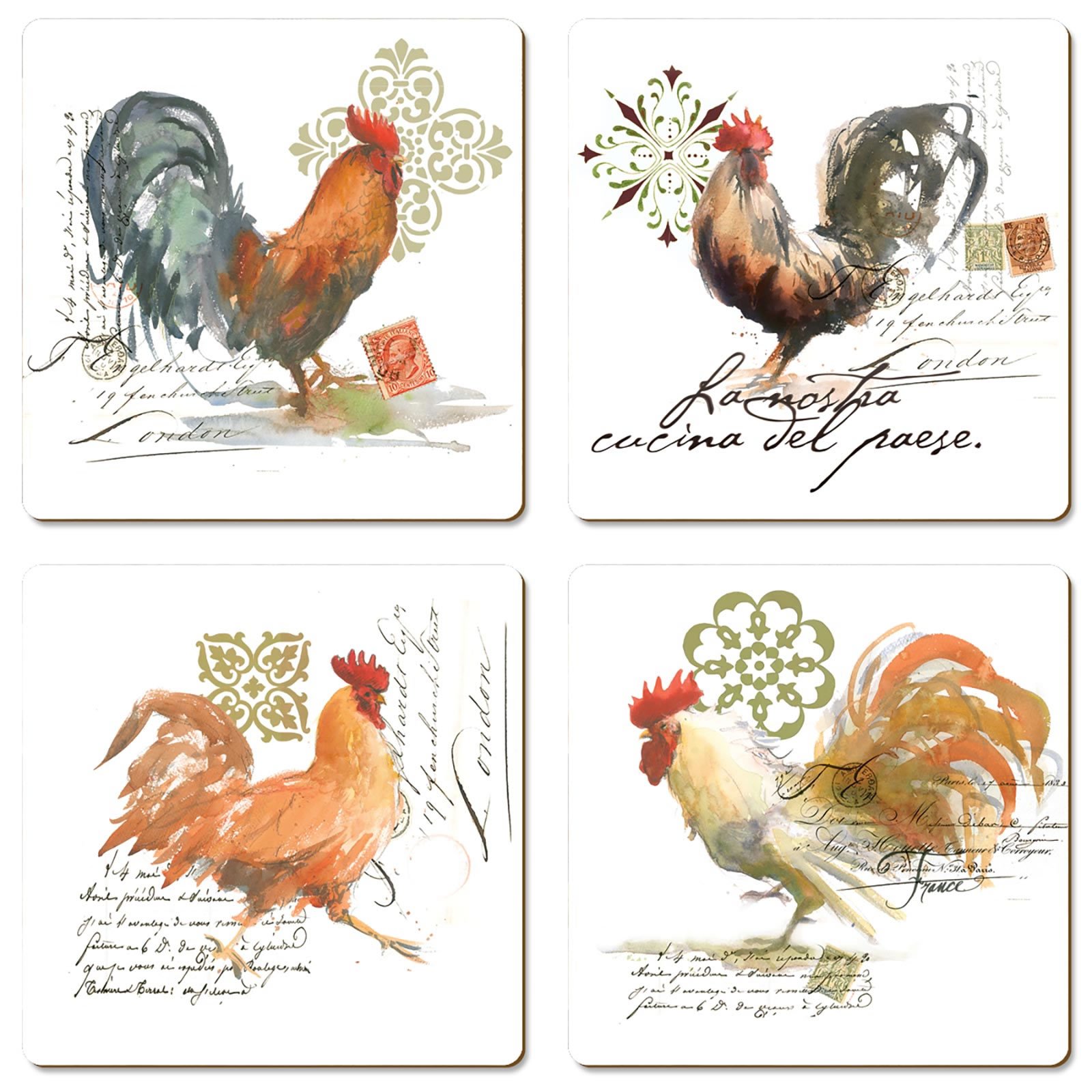 Cala Home Set of 4 Coasters - Rooster in Watercolour