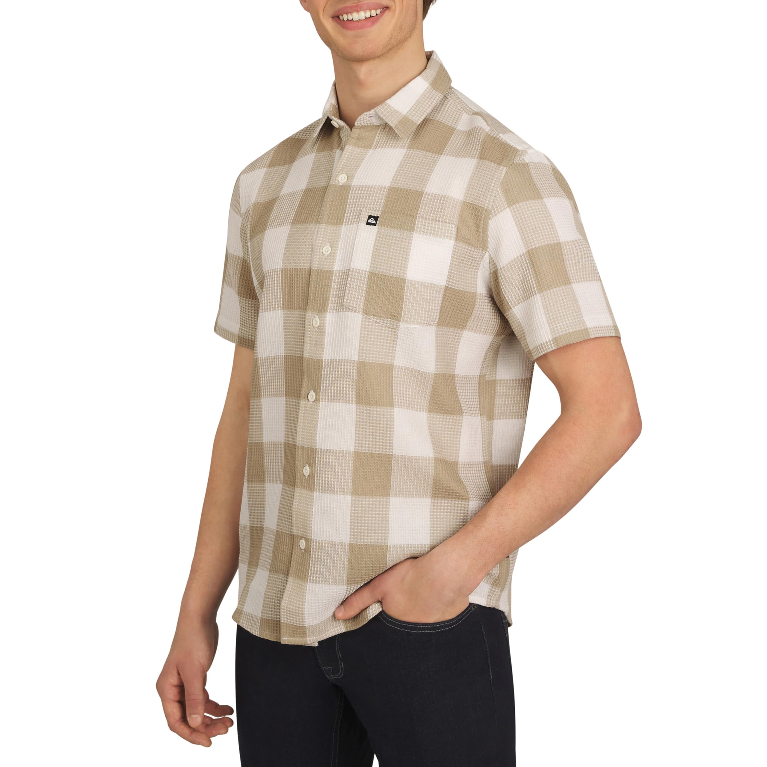 Quiksilver Men’s Regular Fit Premium Cotton Short Sleeve Button Up Waffle Woven Shirt, White, Small
